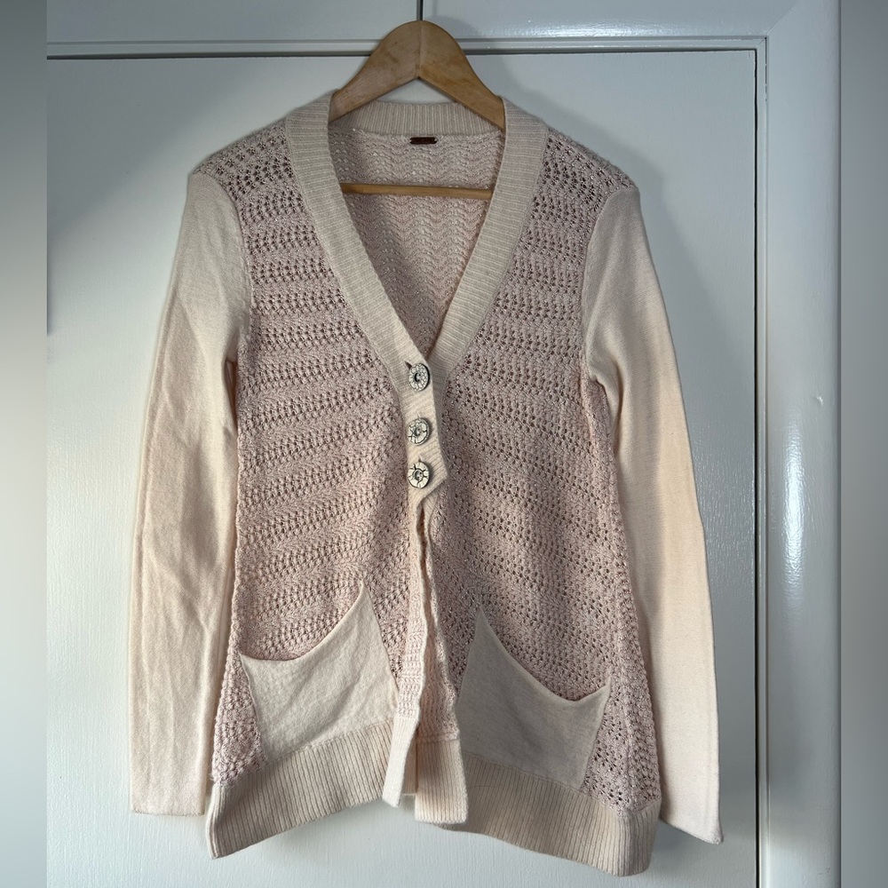 Free People Boho Pink Gold Metallic Thread Mixed Knit Cardigan Sweater Small